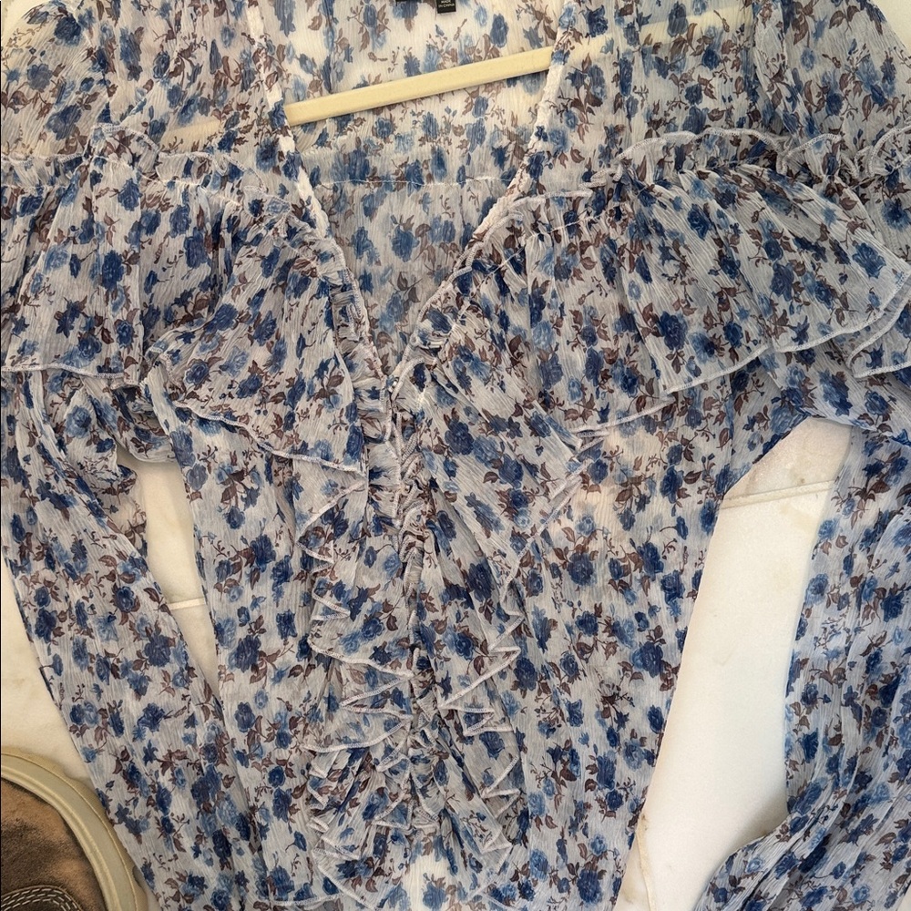 MAJORELLE Blue and White Floral Ruffle Blouse - Picture 9 of 9